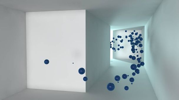 stilisiertes Bild eines Raumes aus weißen Würfeln und einer Reihe fliegender Kugeln, Kugeln blauen Farben. Abstraktion, die Idee von Raum und Zeit, Chaos und Ordnung, Harmonie und Perfektion. 3D-Darstellung - Foto, Bild