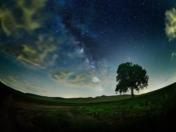 Noční krajina s mléčnou dráhu nad poli, Dobrudža, Rumunsko - Fotografie, Obrázek