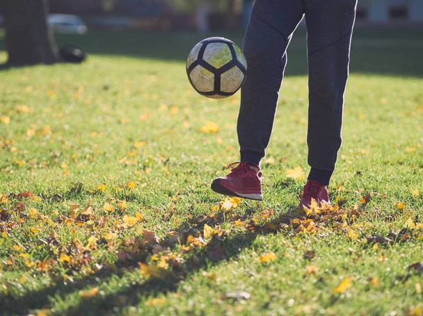Soccer Player Practicing with Football in the Park on a Sunny Autumn Day - Photo, image