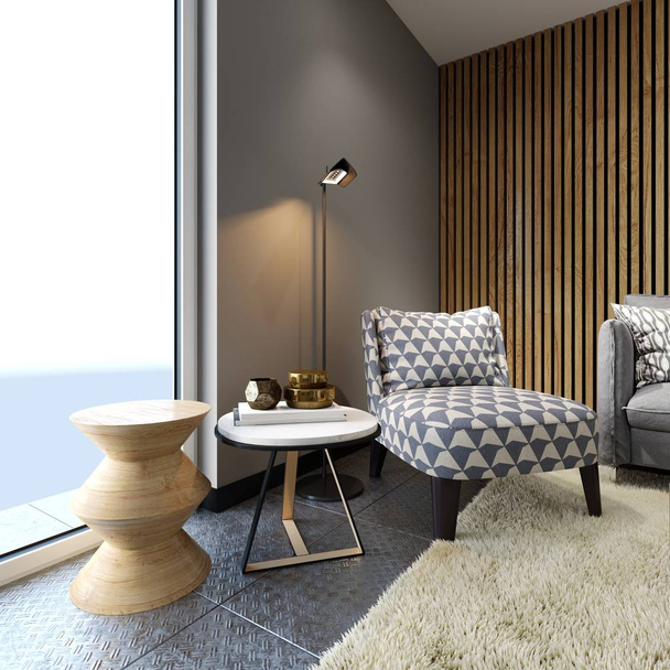 Ontwerper zachte fauteuil in loft-stijl met twee creatieve bijzettafels met decor en vloerlamp, patroon weefsel. 3D-rendering. - Foto, afbeelding