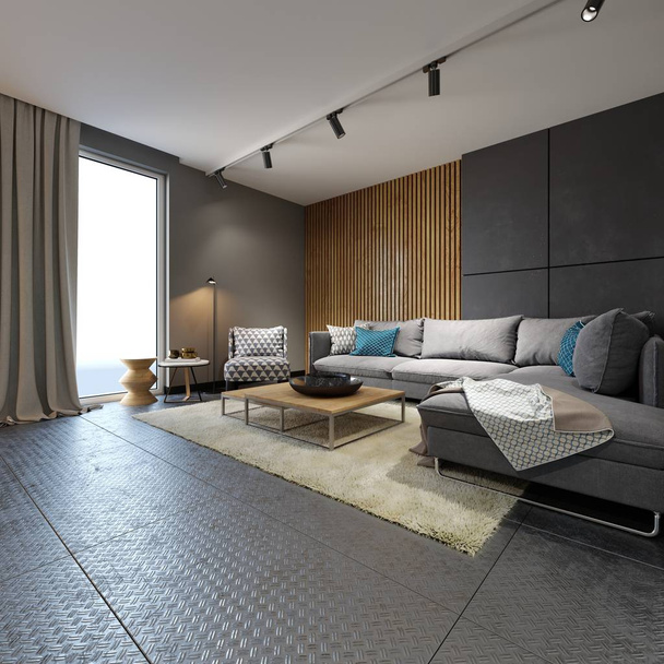 Minimalistyczny nowoczesny salon z sofami w stylu loftu płaski. renderowania 3D - Zdjęcie, obraz