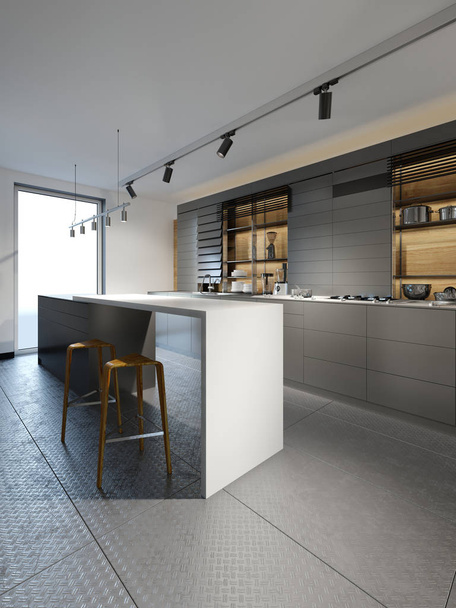 Cozinha de mobiliário preto com cadeiras em estilo loft cozinha fria. Renderização 3d
 - Foto, Imagem