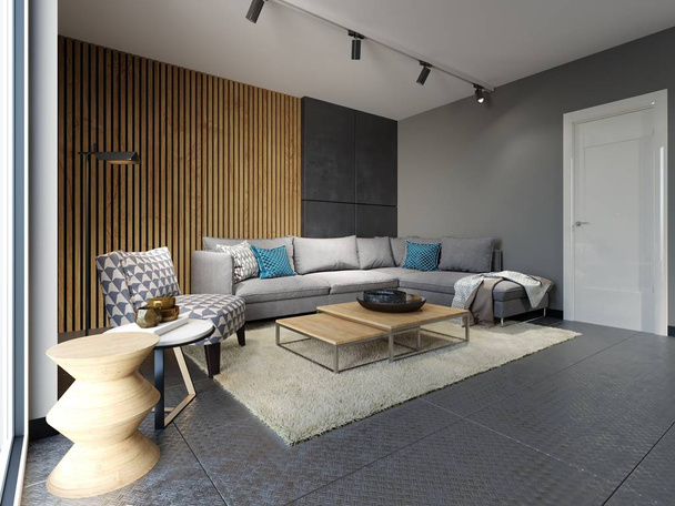 Moderní obývací pokoj v podkroví stylu s kovové podlahy a dekorativní obkládání a designovým nábytkem. 3D vykreslování. - Fotografie, Obrázek