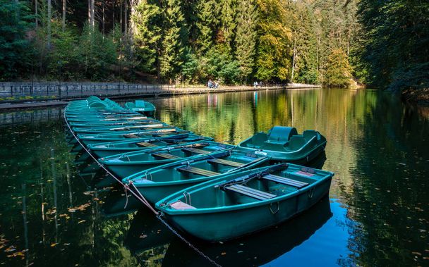 Rowboats on Amselsee near Rathen village in the Elbe Sandstone Mountains, Germany - Photo, Image