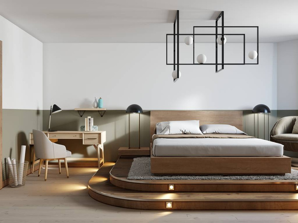 Modern rustic bedroom design and a bed on a wooden podium with dotted lighting in a loft style. Wicker designer chair and desk. 3d rendering. - Photo, Image
