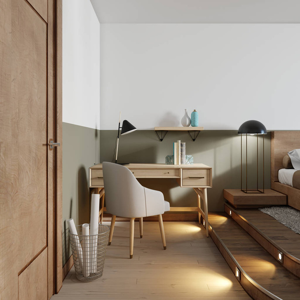 Дерев'яний стіл зі стільцем в сучасній квартирі в стилі лофт. 3D візуалізація
 - Фото, зображення