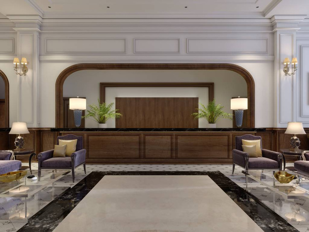 massive Holzrezeption im eleganten Interieur eines Luxushotels. 3D-Darstellung - Foto, Bild