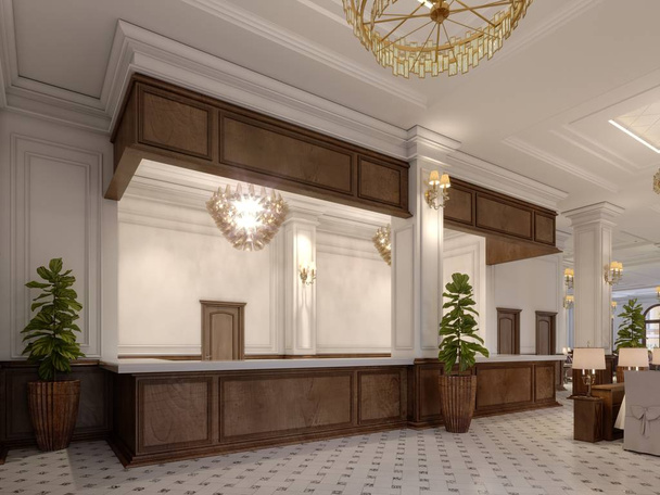 Τεράστιο ξύλινο γραφείο υποδοχής στο κομψό εσωτερικό ενός πολυτελούς ξενοδοχείου. 3D rendering - Φωτογραφία, εικόνα