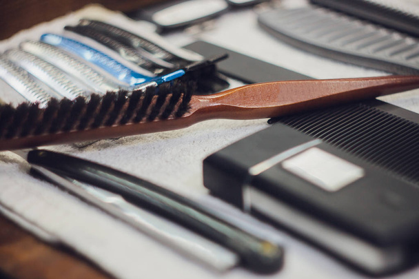 Vintage tools barber shop on wooden background - Photo, Image