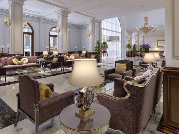 Hotellobby im klassischen Stil mit luxuriösen Jugendstilmöbeln und Mosaikfliesenhalle. 3D-Darstellung - Foto, Bild
