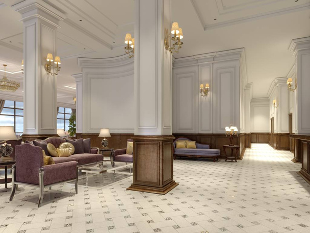Лобби отеля в классическом стиле с роскошной мебелью в стиле ар-деко и мозаичным залом. 3d-рендеринг
 - Фото, изображение