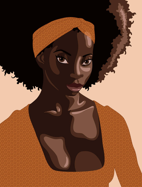 Красивая молодая черная женщина с длинными вьющимися волосами на бежевом фоне в охристых платьях и повязке с геометрическим рисунком
 - Вектор,изображение