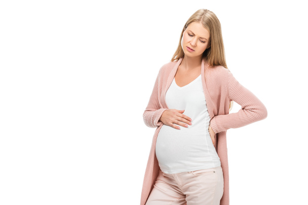Müde schwangere Frau hält Bauch isoliert auf weiß - Foto, Bild