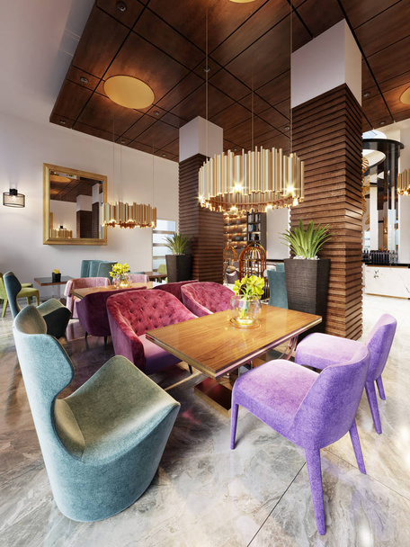 Гарний інтер'єр сучасного ресторану з вишуканими м'якими меблями. 3D візуалізація
 - Фото, зображення