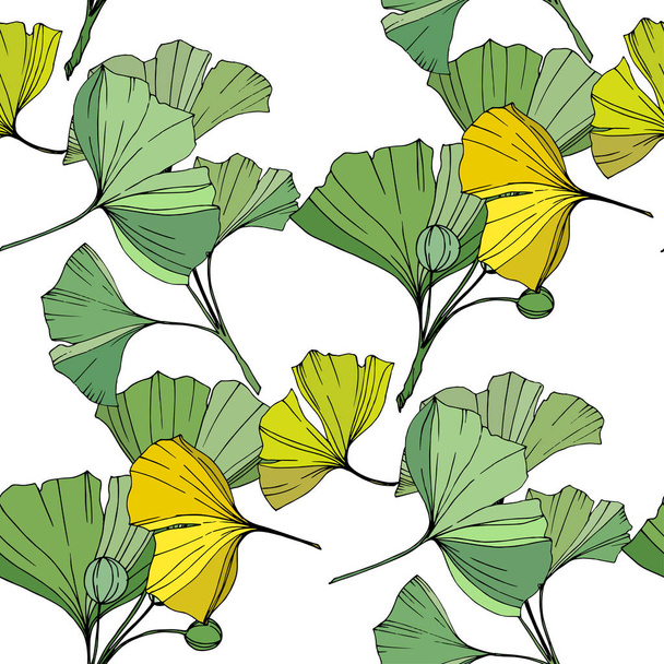 Vector. Green and yellow ginkgo leaf. Seamless background pattern. Fabric wallpaper print texture on white background. - ベクター画像