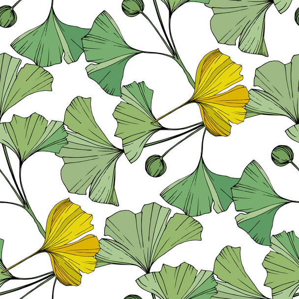 ベクトル。緑と黄色のイチョウの葉。シームレスな背景パターン。生地の壁紙が白い背景のテクスチャを印刷します。. - ベクター画像