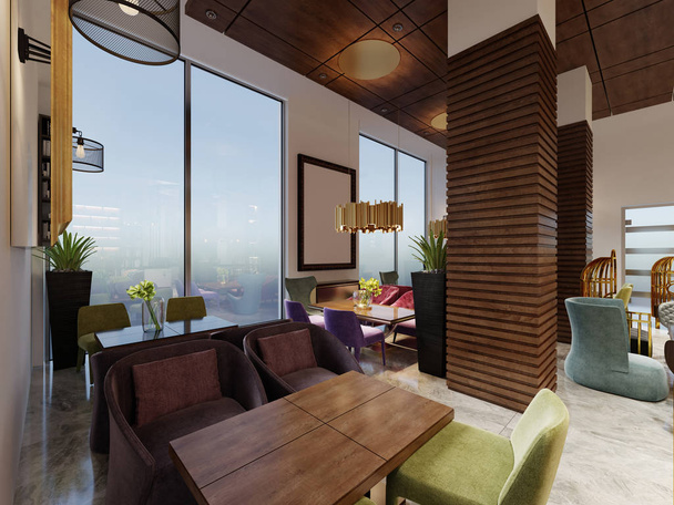 デザイナー ゴールド シャンデリア カラフルな家具とモダンなスタイルの豪華なカフェ。柱や天井に木製のパネル。3 d レンダリング - 写真・画像