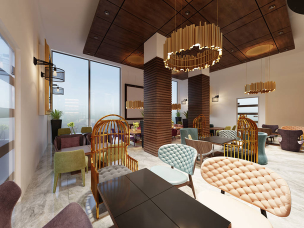 Ylellinen kahvila moderniin tyyliin värikkäitä huonekaluja ja suunnittelija kulta kattokruunut. Puiset paneelit pylväät ja katto. 3d-renderointi
 - Valokuva, kuva