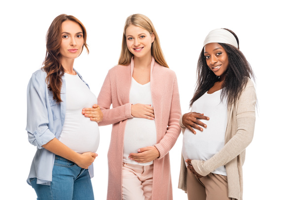 multiethnic pregnant women standing together isolated on white  - Foto, Imagem