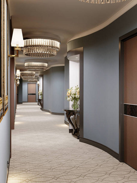 Luxe moderne gang met blauwe muren, decoratieve nissen met consoles en glazen kroonluchters. Interieur van de zaal met een deur naar de hotelkamers. 3D-rendering - Foto, afbeelding
