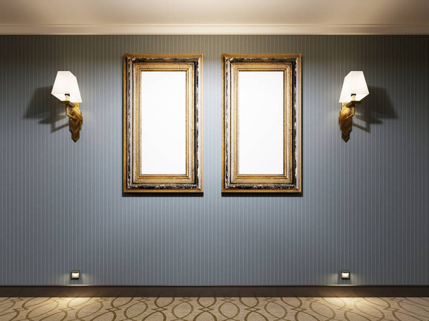 zwei leere Gemälde in einem goldenen Rahmen an einer blauen Wand mit Wandleuchten, Poster-Attrappen. 3D-Darstellung. - Foto, Bild