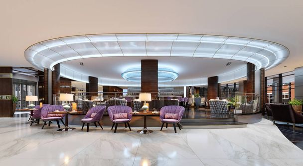 Una acogedora cafetería en el vestíbulo con cómodas sillas tapizadas y una mesa con lámpara. renderizado 3d
 - Foto, Imagen