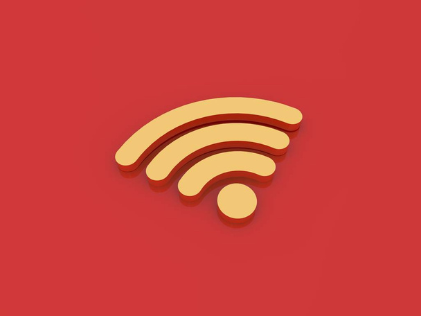 Złoty znak Wi-fi na czerwonym tle. ilustracja render 3D. - Zdjęcie, obraz