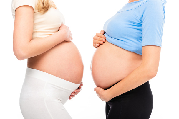 cropped view of two pregnant women showing bellies in profile isolated on white - Photo, Image