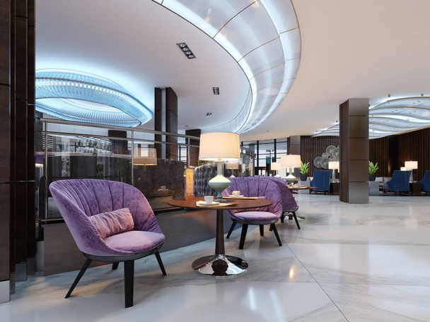 Барвистий інтер'єр кафе та ресторану з мармуровою підлогою, круглими дерев'яними столами та фіолетовими стільцями. 3D візуалізація
  - Фото, зображення