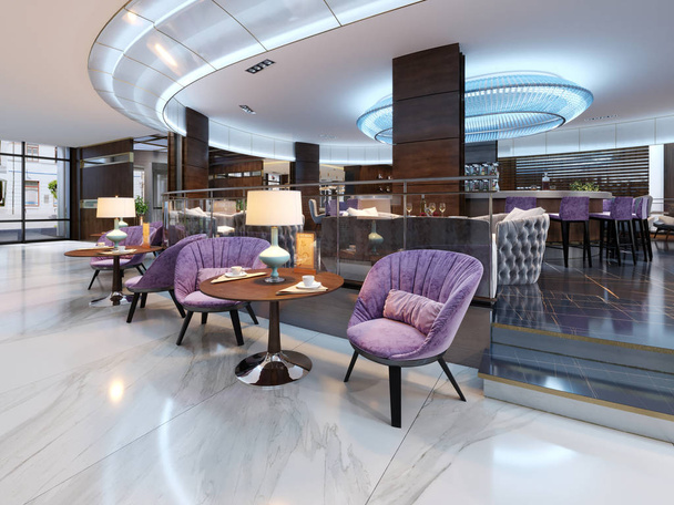 Colorido interior de cafetería y restaurante con suelo de mármol, mesas redondas de madera y sillas violetas de tapicería. renderizado 3d
  - Foto, Imagen
