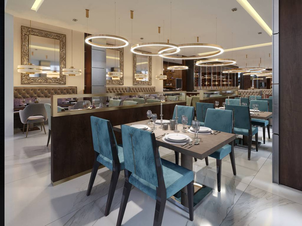 Gemütliches Luxus-Interieur des Restaurants, komfortables modernes Esszimmer, zeitgenössisches Design Hintergrund. 3D-Darstellung - Foto, Bild