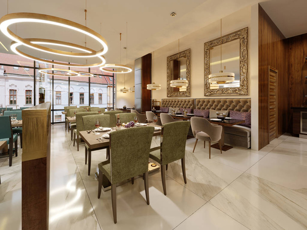 Het moderne conceptuele interieur van het restaurant is in moderne stijl met klassieke elementen. 3D-rendering. - Foto, afbeelding