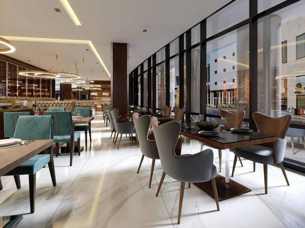 Το μοντέρνο εσωτερικό σχεδιασμό εννοιολογικό του εστιατορίου είναι σε μοντέρνο στυλ με κλασικά στοιχεία. 3D rendering. - Φωτογραφία, εικόνα