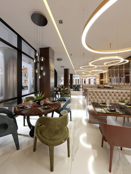 Luxe restaurant in hedendaagse stijl met prachtige moderne meubels en ontwerper listroy met verborgen verlichting. Merk interieur van het restaurant. 3D-rendering. - Foto, afbeelding