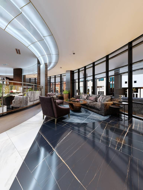 Современный дизайн интерьера гостиницы, вестибюль, зона отдыха с удобной современной мебелью. 3D рендеринг
 - Фото, изображение