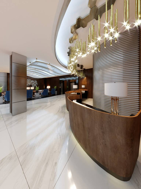 Recepcja w nowoczesny hotel z lad recepcyjnych drewniane i duży wisiorek, pozłacanych żyrandoli. renderowania 3D - Zdjęcie, obraz