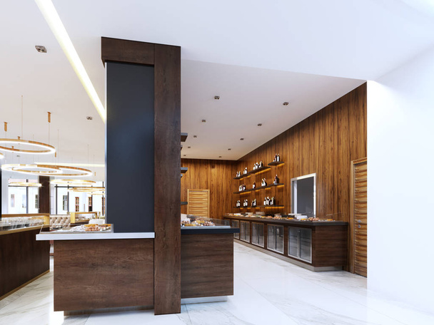 Buffet moderno restaurante de estilo contemporáneo. gabinetes fríos y estantes decorativos con botellas. Diseño de restaurante. renderizado 3d
 - Foto, imagen