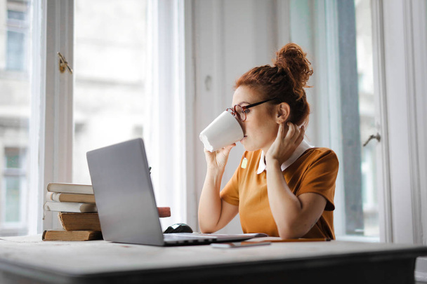 woman drinking coffee in front of computer - Foto, Imagen