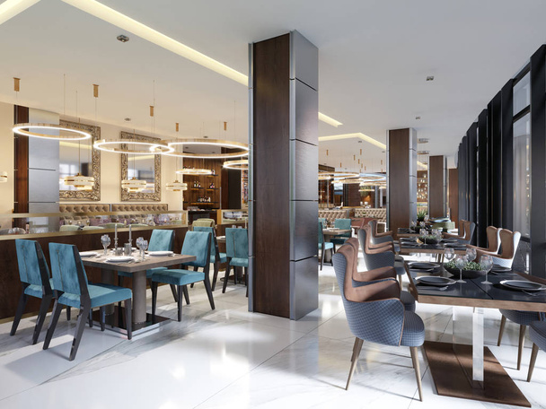 Luxus étterem kortárs stílusban, gyönyörű, modern bútorokkal és tervező listroy rejtett világítás. Márka étterem belsőépítészeti. 3D-leképezés. - Fotó, kép