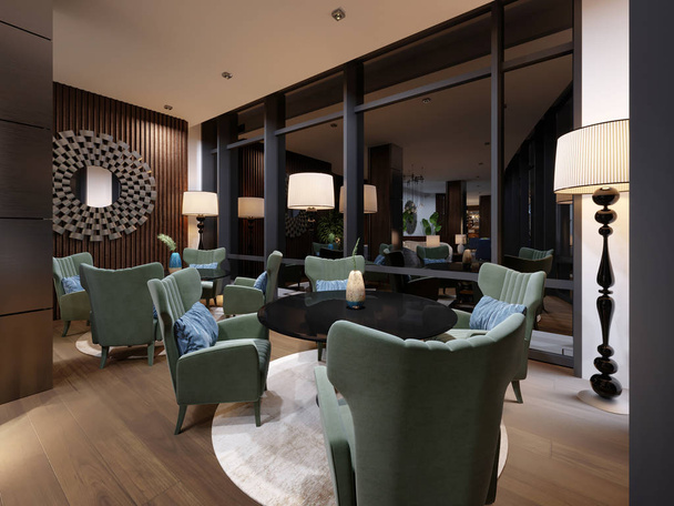 Lounge area of the hotel in a modern style, with fashionable designer furniture, tables and soft armchairs. 3d rendering - Photo, Image