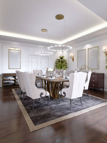 Luksusowy jadalnia z dużym stołem i miękkich foteli w Apartament classic. renderowania 3D. - Zdjęcie, obraz