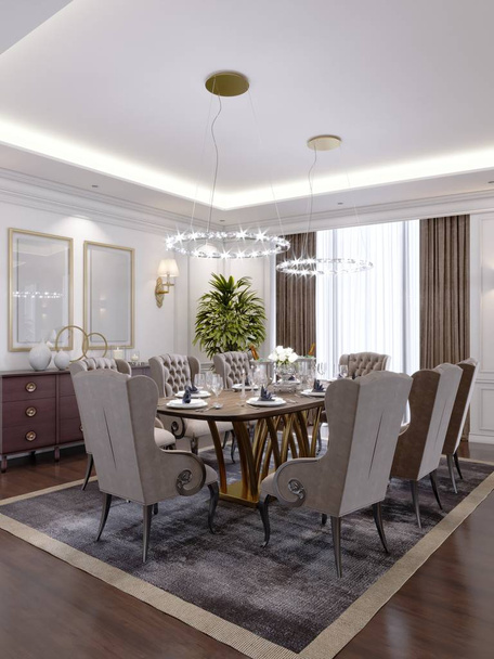 Luxurious dining room with a large table and soft chairs in a classic apartment. 3D rendering. - Photo, Image