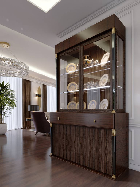 Gabinete de cristal con platos en los estantes e iluminación en un estilo clásico moderno en la sala de estar. Renderizado 3D
. - Foto, Imagen