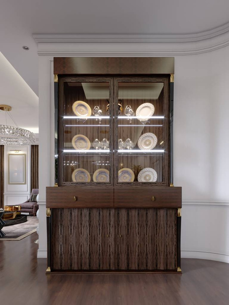 Стеклянный кабинет с посудой на полках и освещением в современном классическом стиле в гостиной. 3D рендеринг
. - Фото, изображение