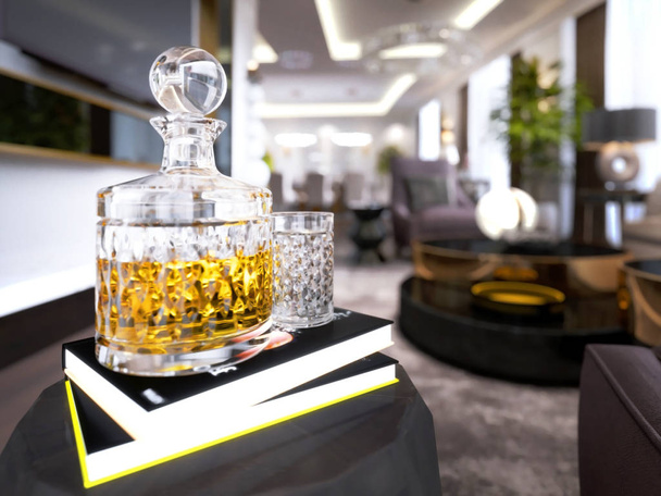 A decanter with brandy and a glass is on the book with a bedside table. 3d rendering - Photo, image