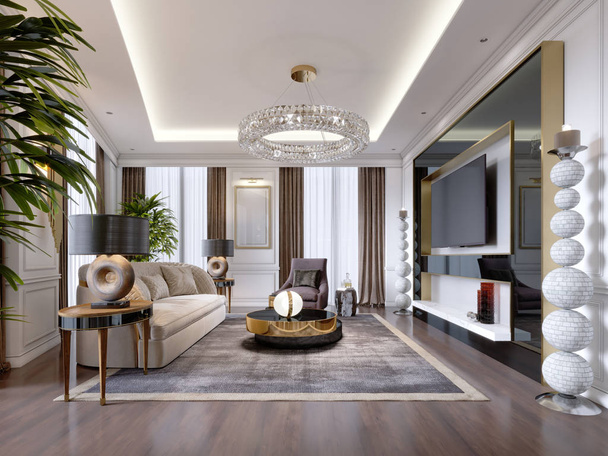 luxuriöses Wohnzimmer im modernen Stil mit Sofa, Sessel, Designermöbeln, TV-Ständer, großen dekorativen Kerzenständer, runden Kristallluster. 3D-Darstellung. - Foto, Bild
