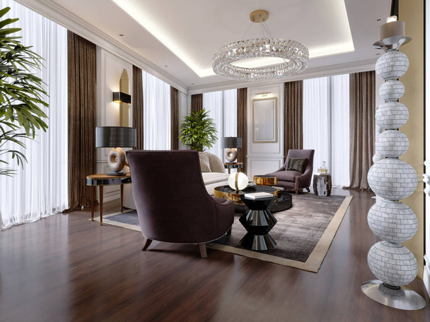 Розкішна вітальня в сучасному стилі з диваном, кріслом, дизайнерськими меблями, телевізійною підставкою, великим декоративним свічником, круглою кришталевою люстрою. 3D візуалізація
. - Фото, зображення