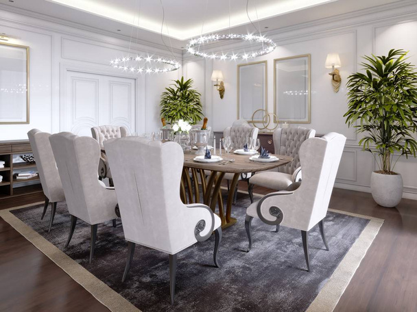 Grande mesa de jantar para oito pessoas na sala de jantar estilo clássico, lustres de cristal acima da mesa. O design da sala de jantar. Renderização 3D
. - Foto, Imagem