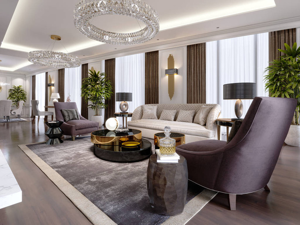 ラウンジとダイニング エリア、デザイナー家具とモダンでクラシックなスタイルのホテルの部屋。3 d レンダリング - 写真・画像