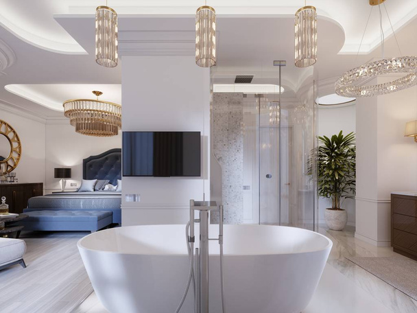 Açık alan yatak odası ve banyo modern tarzı ile Tasarım daire. 3D render. - Fotoğraf, Görsel